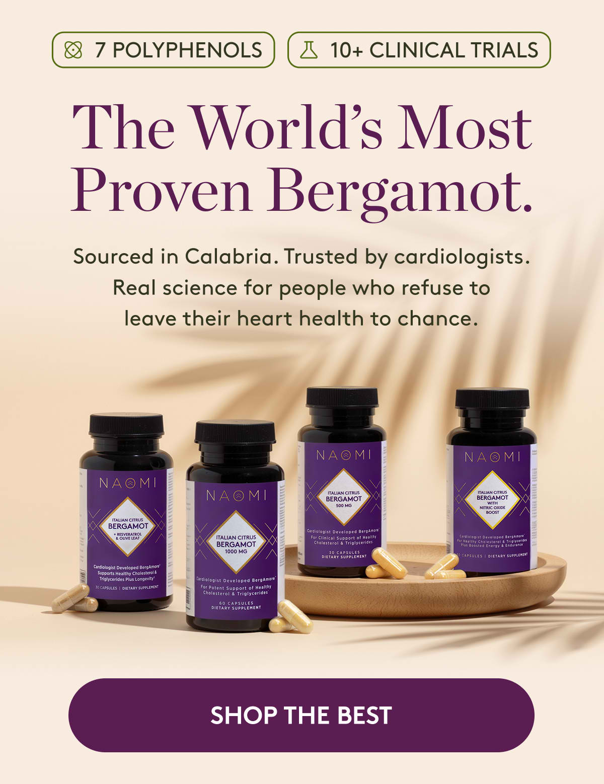Nashmi Bergamot supplement bottles on a beige background with text about polyphenols and clinical trials.