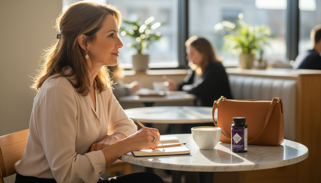 Woman sitting at a table in a cafe with a notebook and a bottle of citrus bergamot