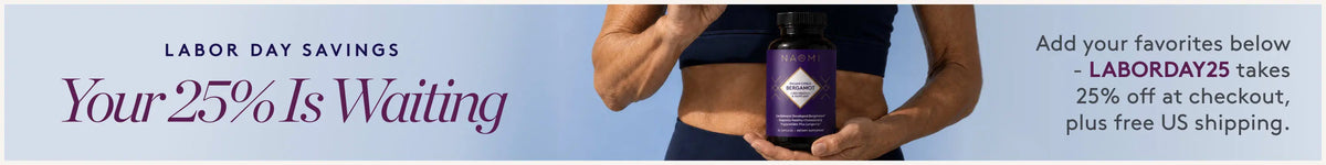 A promotional banner with a cropped male model holding a purple bottle labeled 'Labor Day Special' and large text reading 'Labor Day Savings' and 'Your 25% Is Waiting.'.