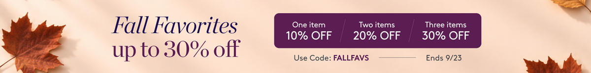 Promotional banner with the text 'Fall Favorites up to 30% off' on a beige background with scattered autumn leaves and three purple discount boxes offering one item, two items, and three items off.