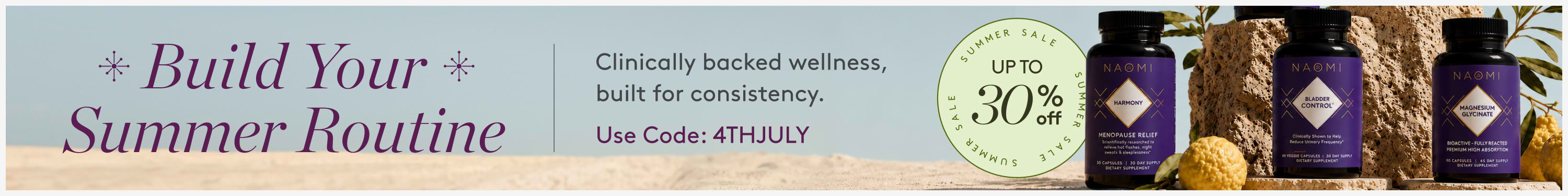 Promotional banner for building a summer routine with wellness products, featuring bottles and fruits.