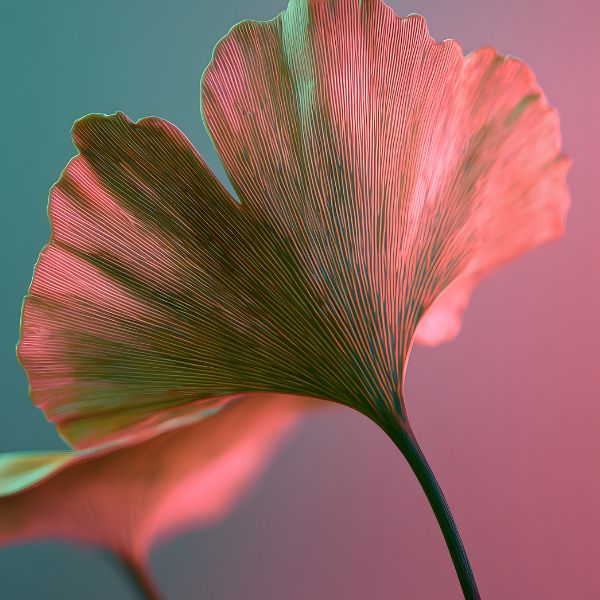 Close-up of a ginkgo leaf with a colorful gradient background