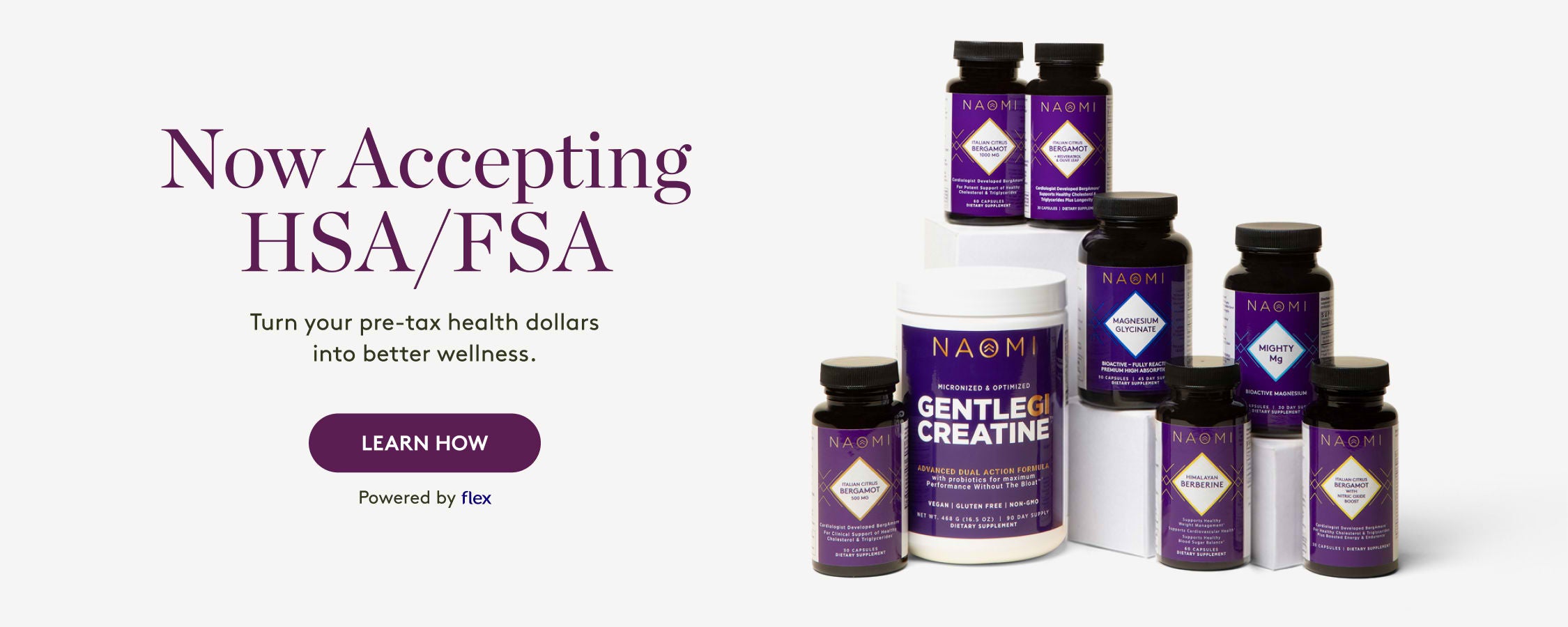 Collection of NAOMI supplement bottles with promotional text on a white background