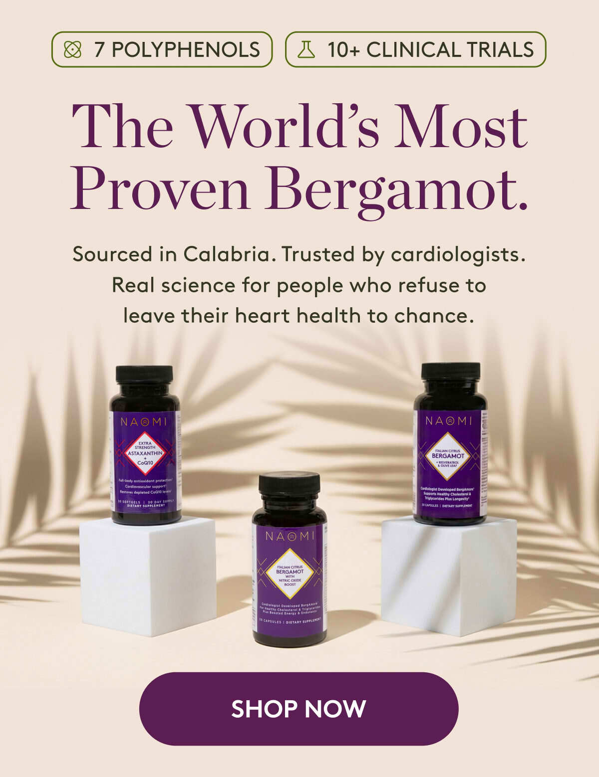 Bergamot bottles with text about polyphenols, clinical trials, and a call to action on a beige background.