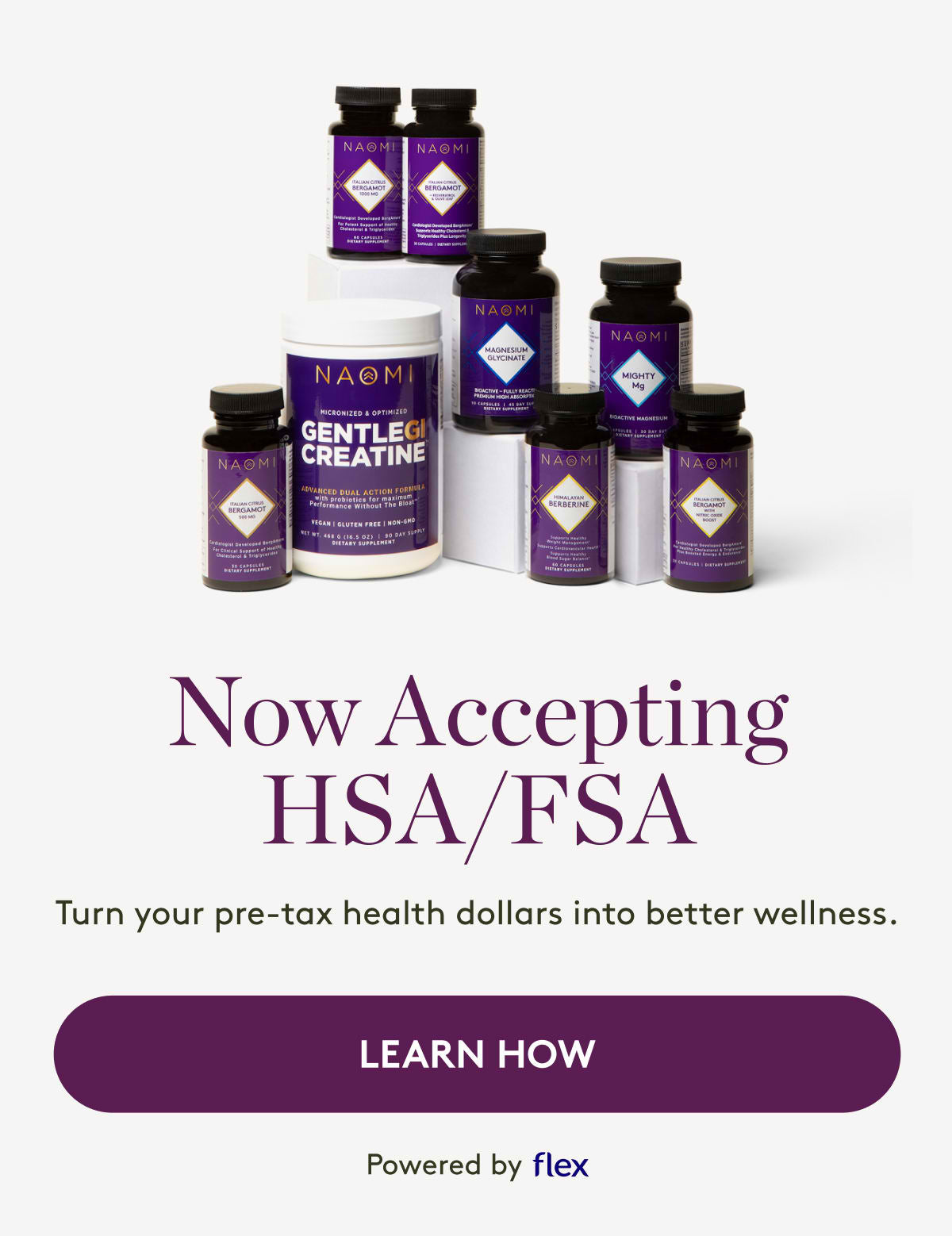 Collection of NAOMI supplement bottles with promotional text on a white background