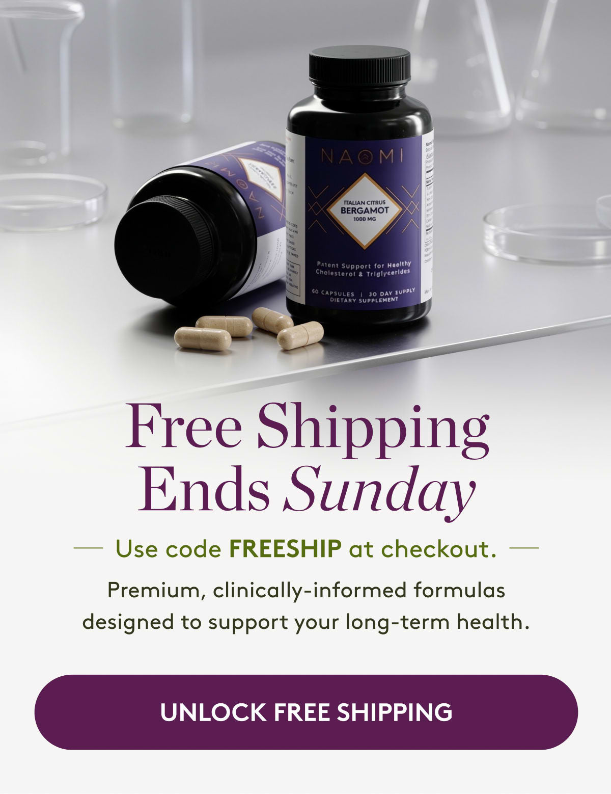 Bottle of supplements with capsules on a white surface, promotional text for free shipping.