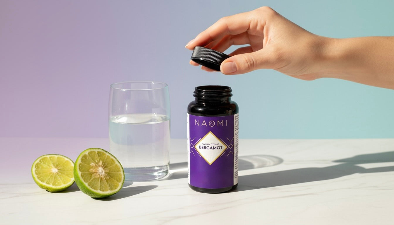 Hand opening a bottle labeled 'Naomi' with a glass of water and lime slices on a light surface.