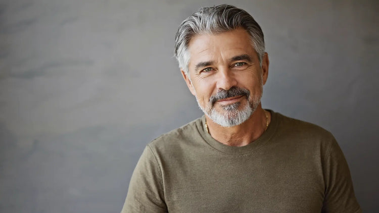 Man with gray hair and beard wearing a green shirt against a gray background