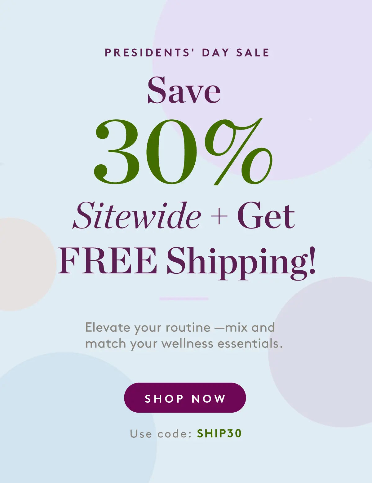 Promotional banner for a 30% discount and free shipping offer during a Presidents' Day sale.