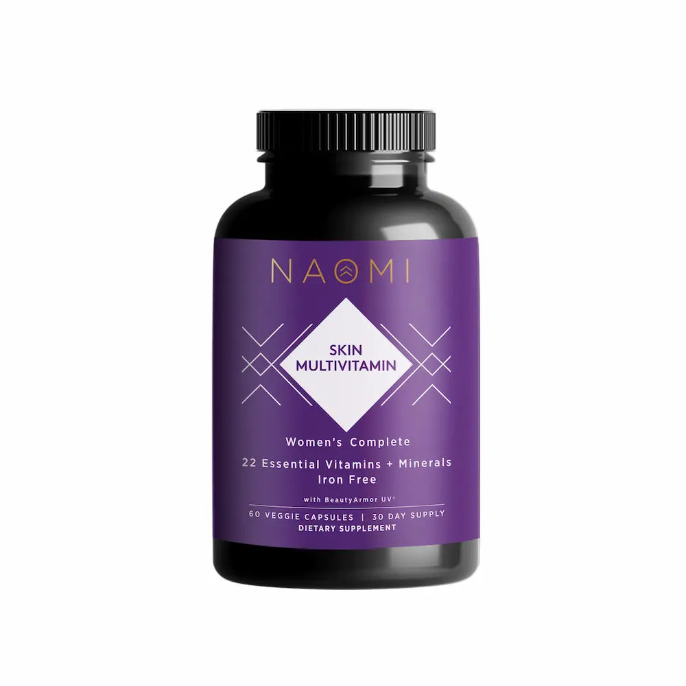 Purple supplement bottle labeled 'Naomi' on a white background