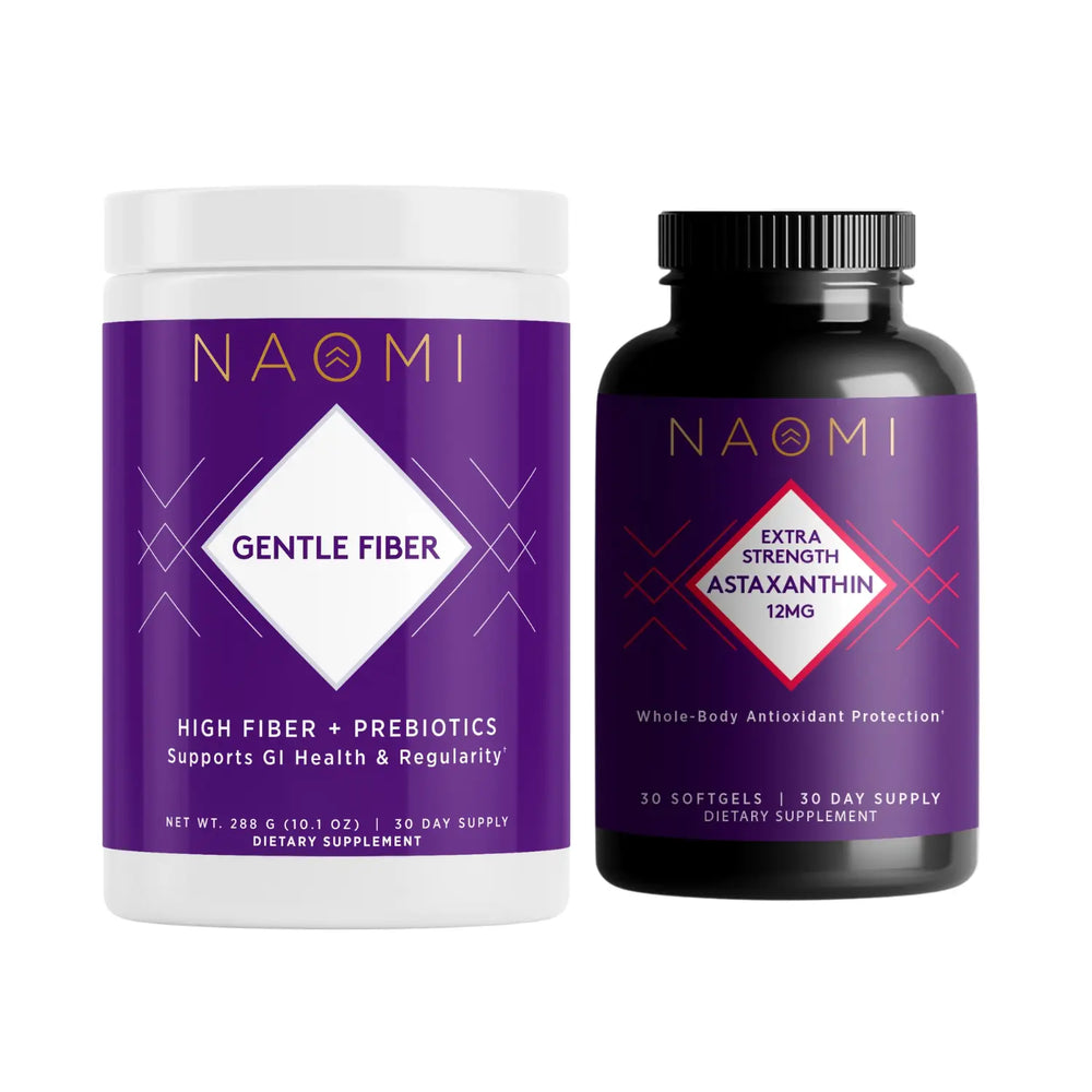 Two dietary supplement containers labeled 'Gentle Fiber' and 'Extra Strength Astaxanthin' by NAOMI on a white background.