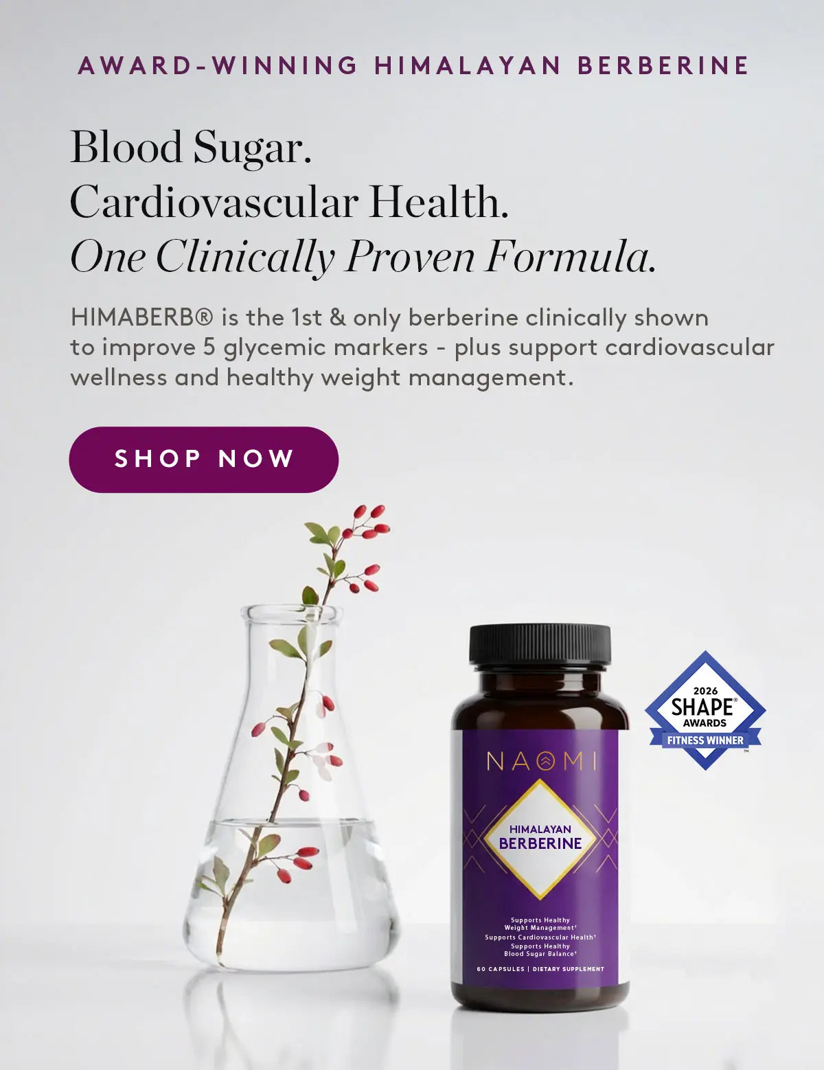 NAOMI Himalayan Berberine supplement bottle with a decorative vase on a white background