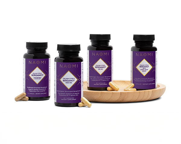 Four bottles of NAOMI Bergamot supplements on a white background