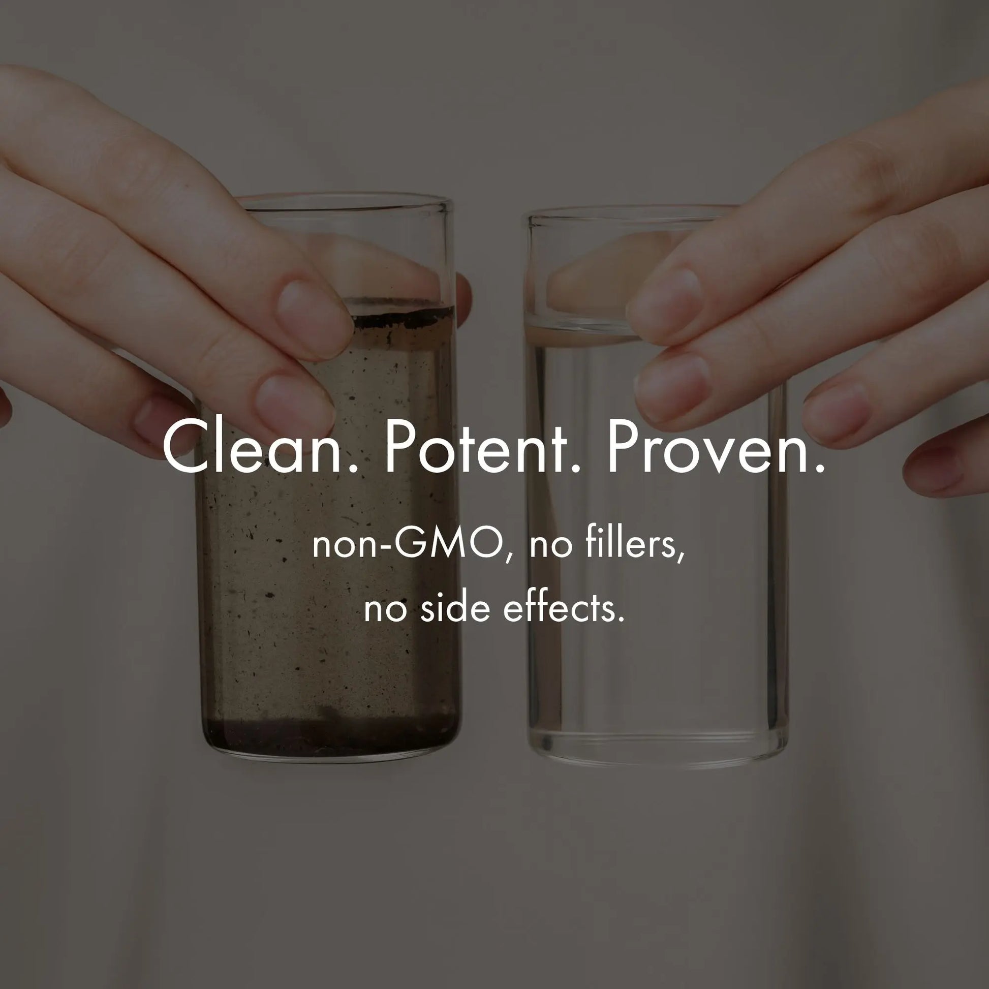 Two hands holding glasses with a text overlay on a dark background