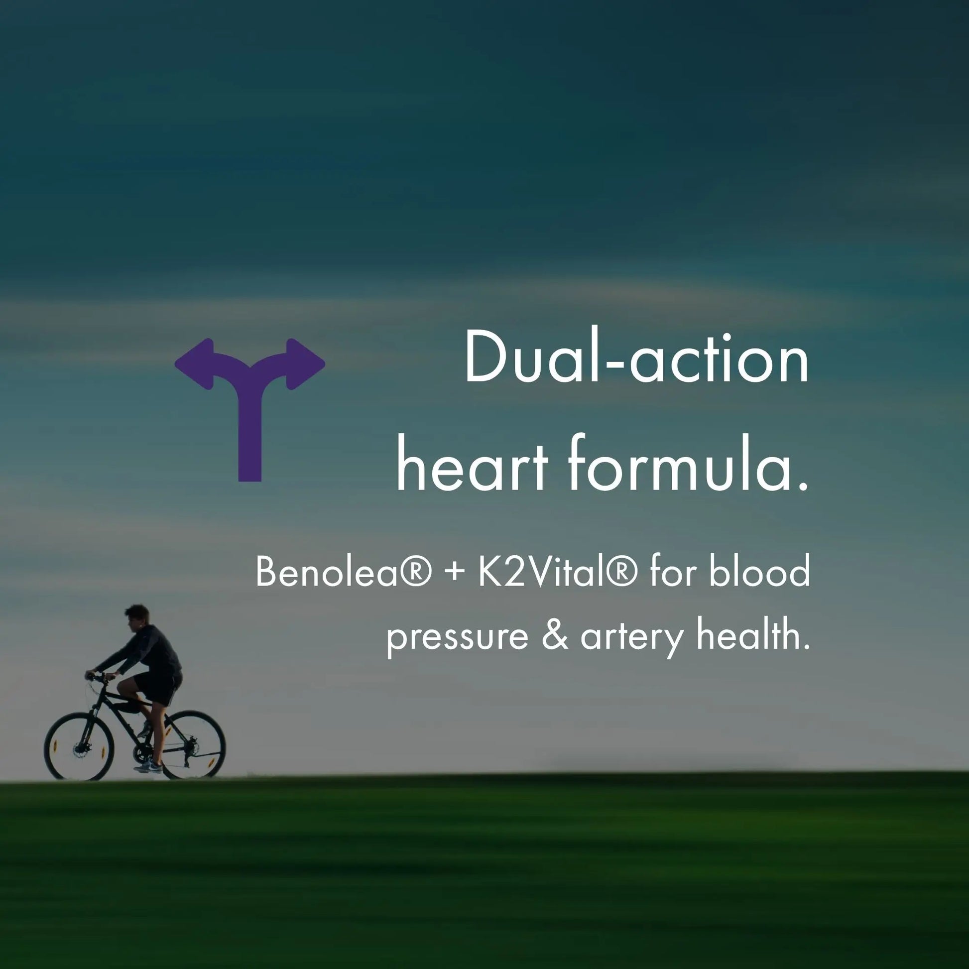 Person riding a bike on a grassy field with text about a dual-action heart formula.
