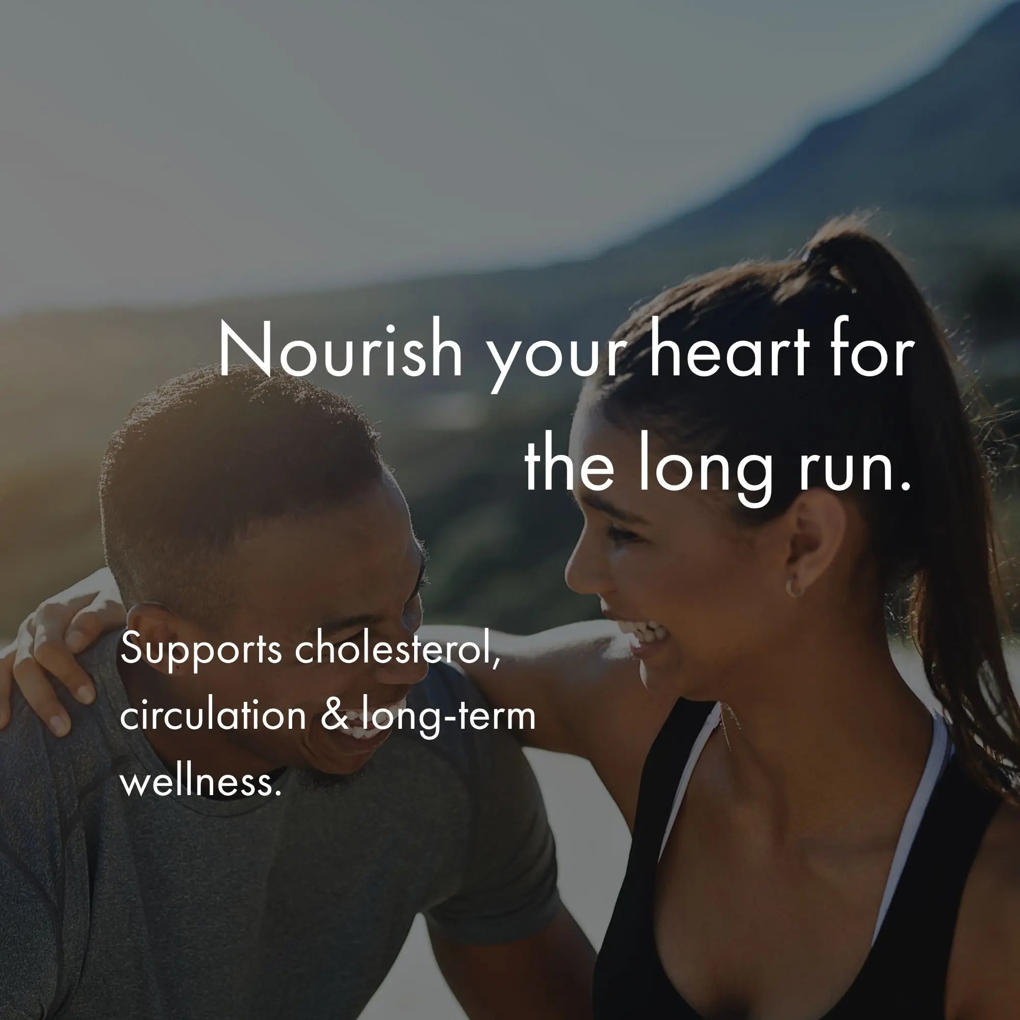 Two people embracing with a scenic background and health-related text overlay.