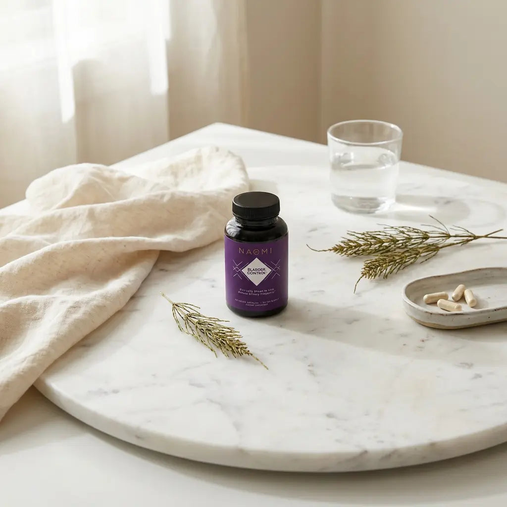 Purple bottle on a marble tray with a glass of water and small dish of pills.