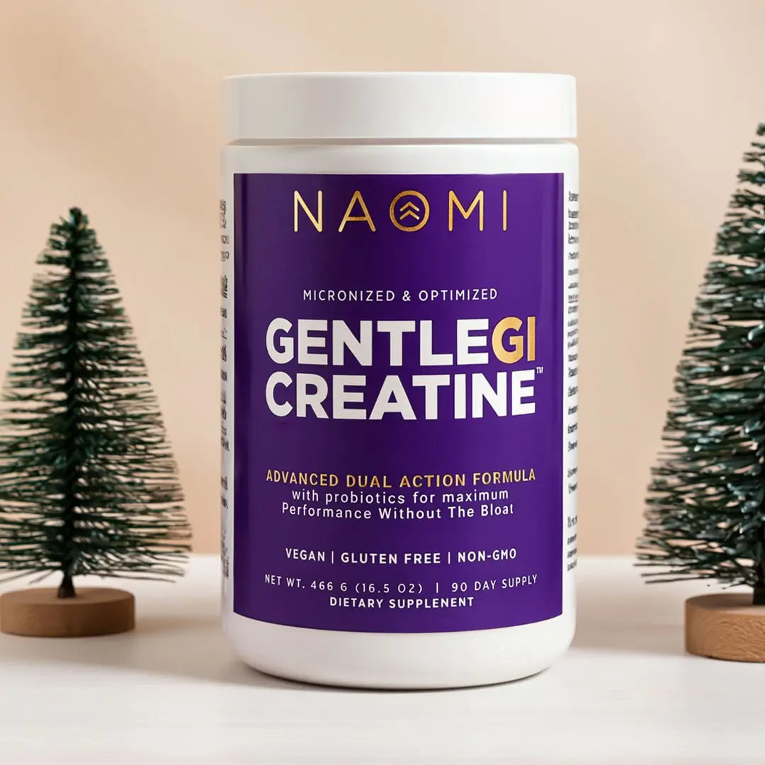 Supplement container labeled 'GentleGI Creatine' by NAOMI on a beige background with decorative trees.