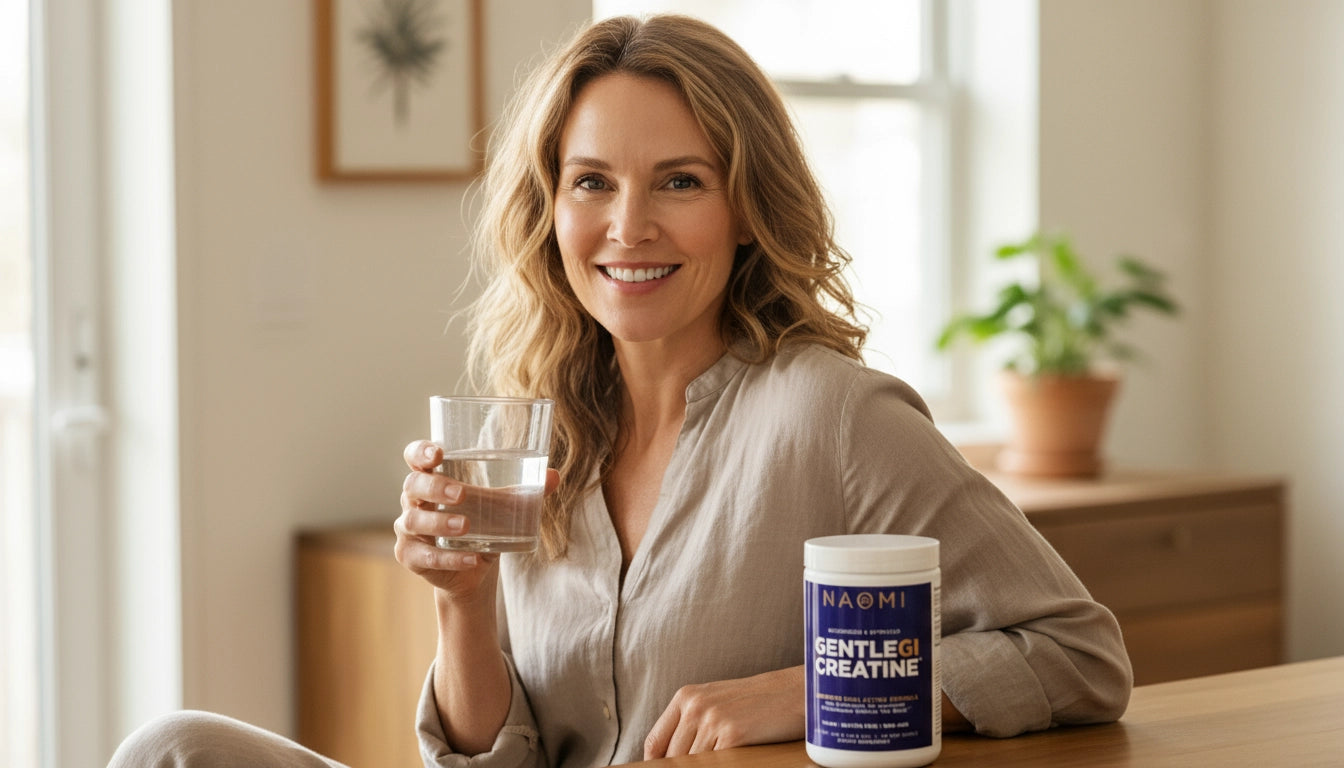 Woman holding a glass of water with a container of Creatine on a table.