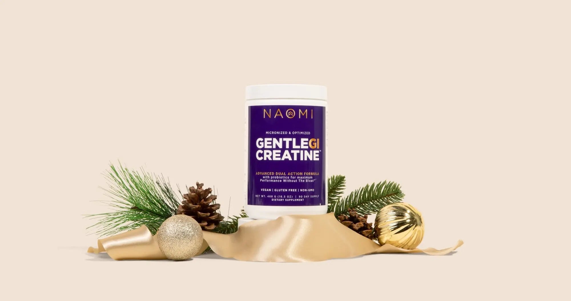 NAOMI Gentle Creatine supplement container with decorative elements on a beige background