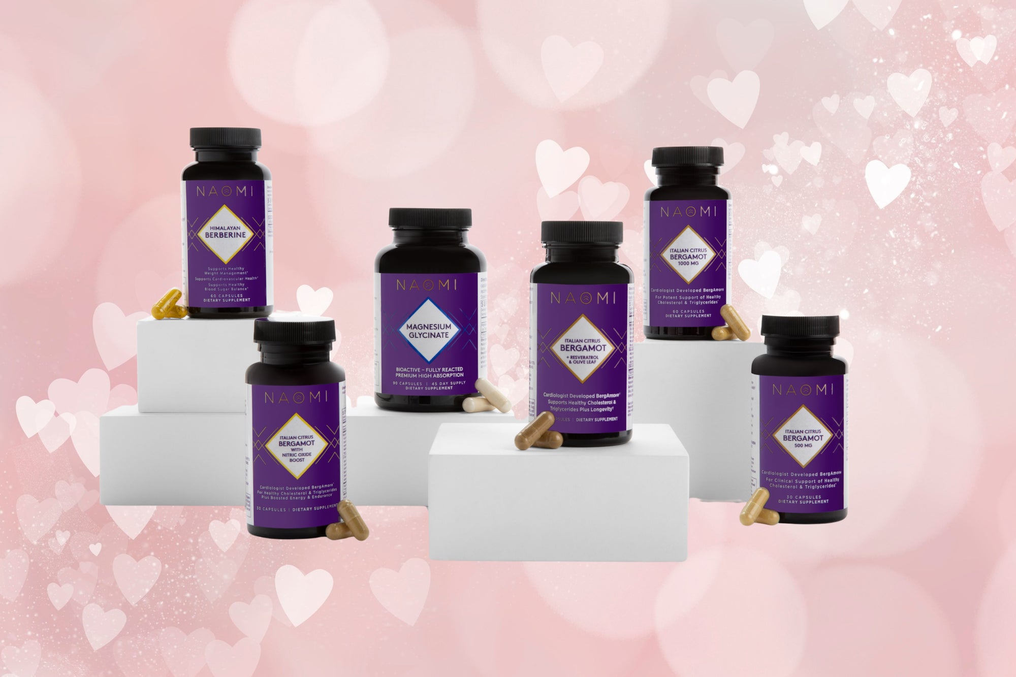 Purple bottles with labels on a pink background with heart shapes