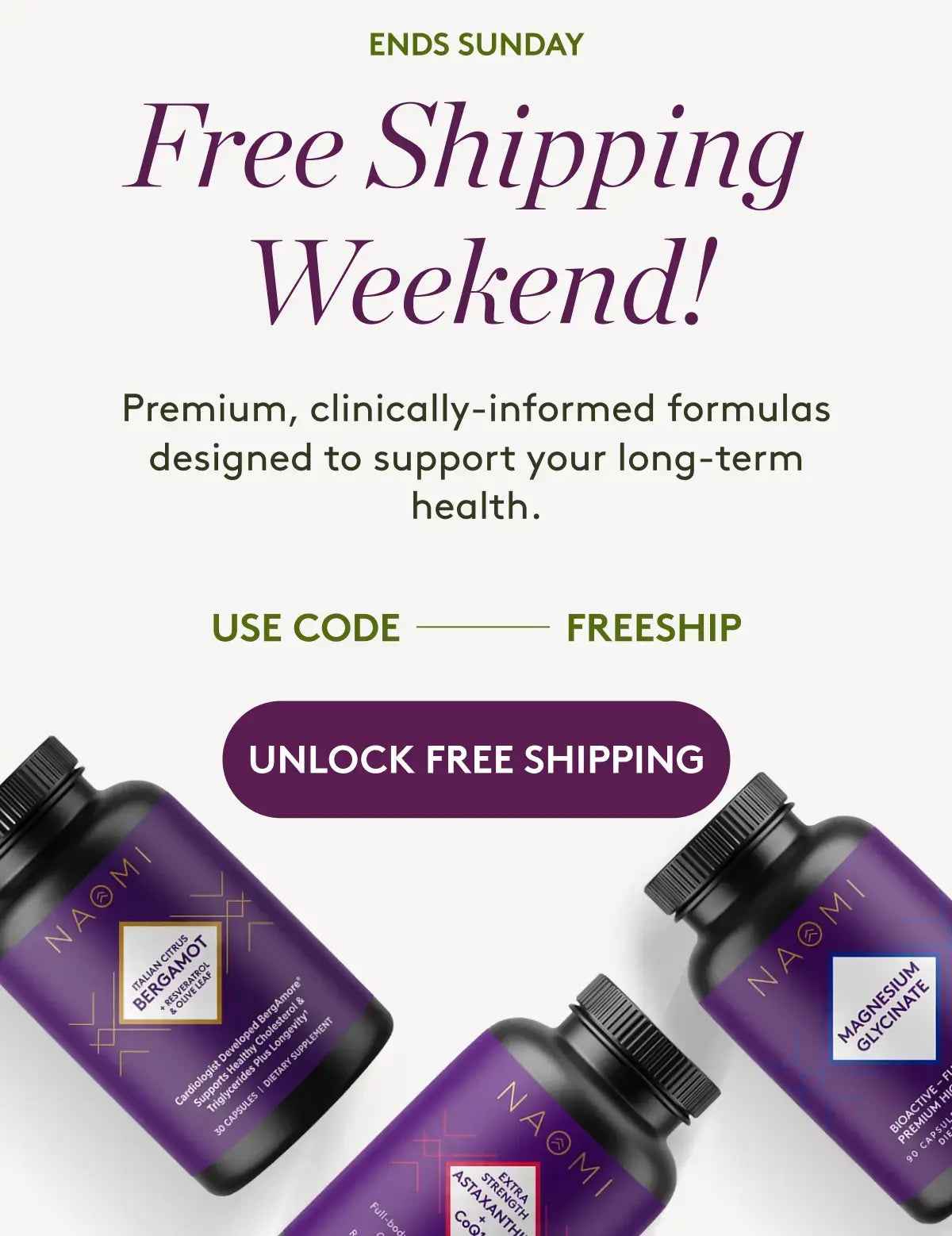Purple bottles with a promotional banner for free shipping on a white background