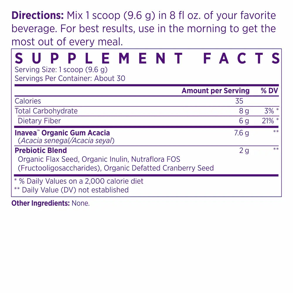 Supplement facts label with directions for use on a white background - gentle fiber