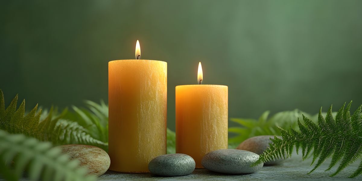 Two lit candles on stones with green foliage against a dark green background