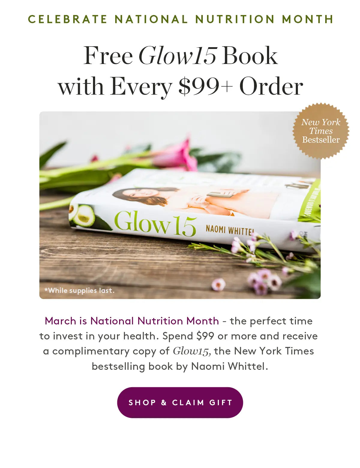 Promotional banner for a book offer with a wooden surface and flowers.