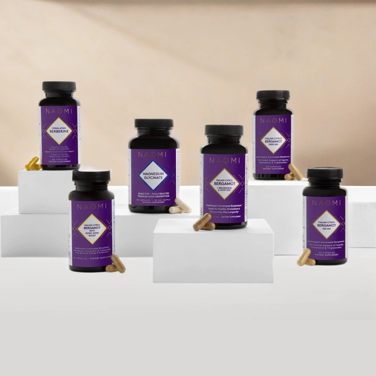 Set of NAOMI products on a white surface with a beige background