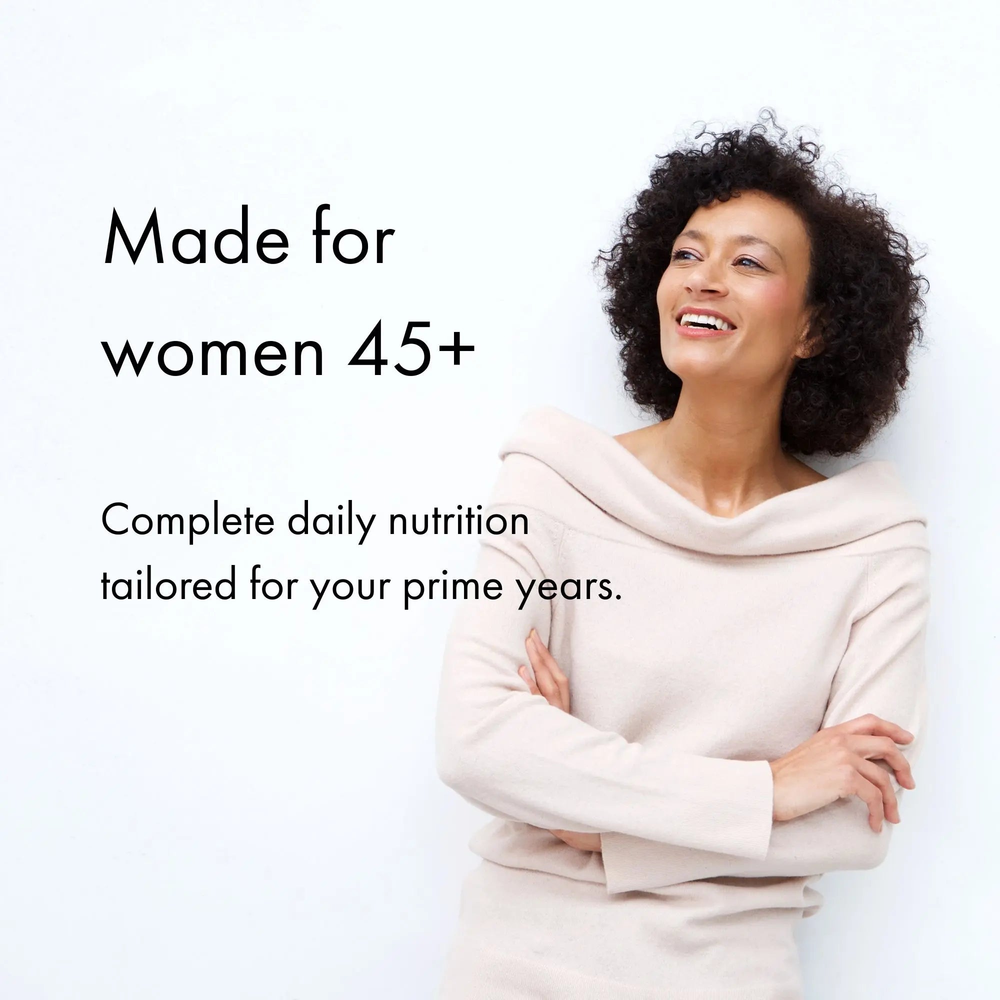 Woman in a white sweater with text about nutrition for women over 45 on a light background