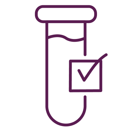 Purple icon of a test tube with a check mark on a white background