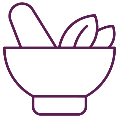 Icon of a mortar and pestle with leaves, symbolizing herbal medicine or alternative therapy.