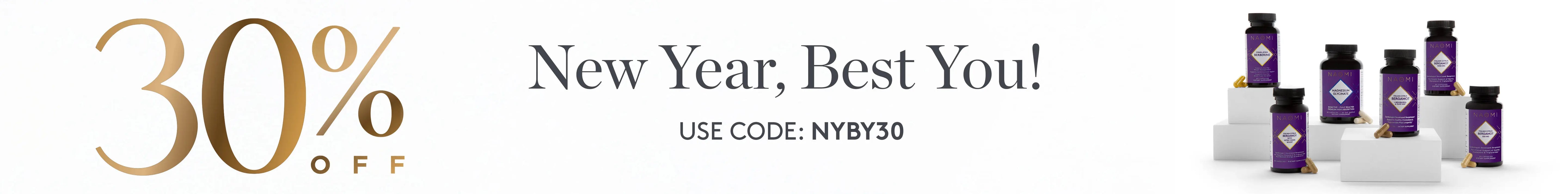 Promotional banner with 30% off text and product display for New Year's sale.