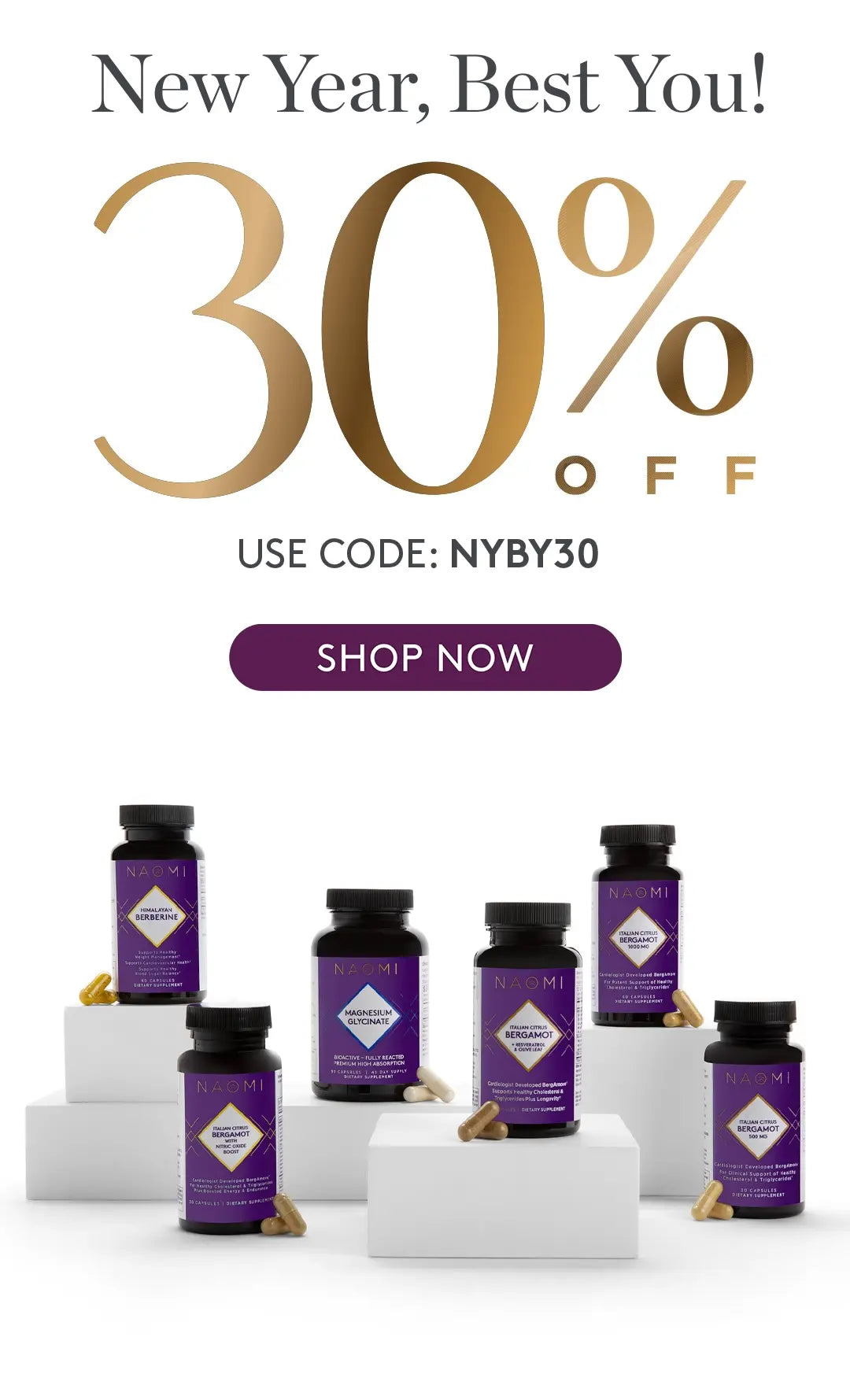 Promotional banner with purple bottles and gift boxes, featuring a 30% off discount offer.