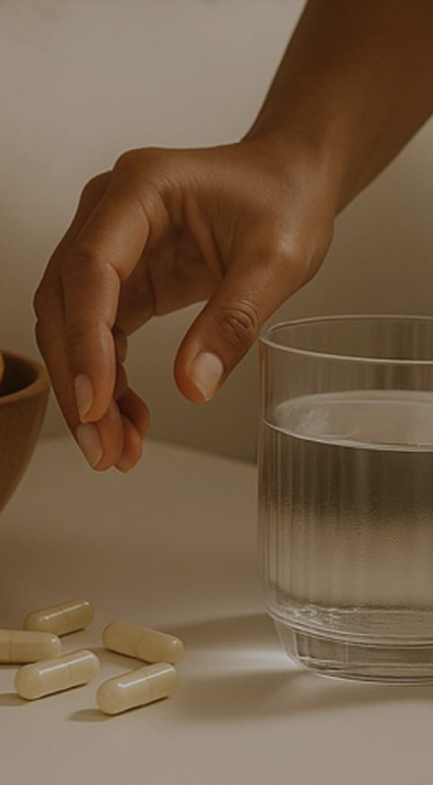 Hand holding a supplement capsule with a glass of water and more capsules on a neutral background