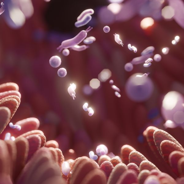 Microscopic view of cells and bacteria in a biological setting