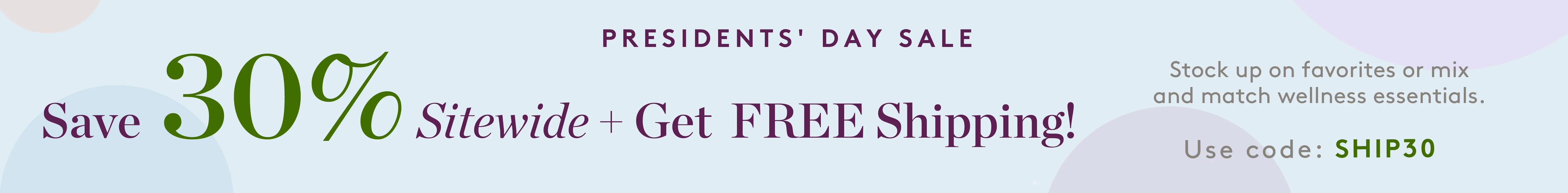 Promotional banner for a 30% sitewide sale with free shipping offer on a white background.