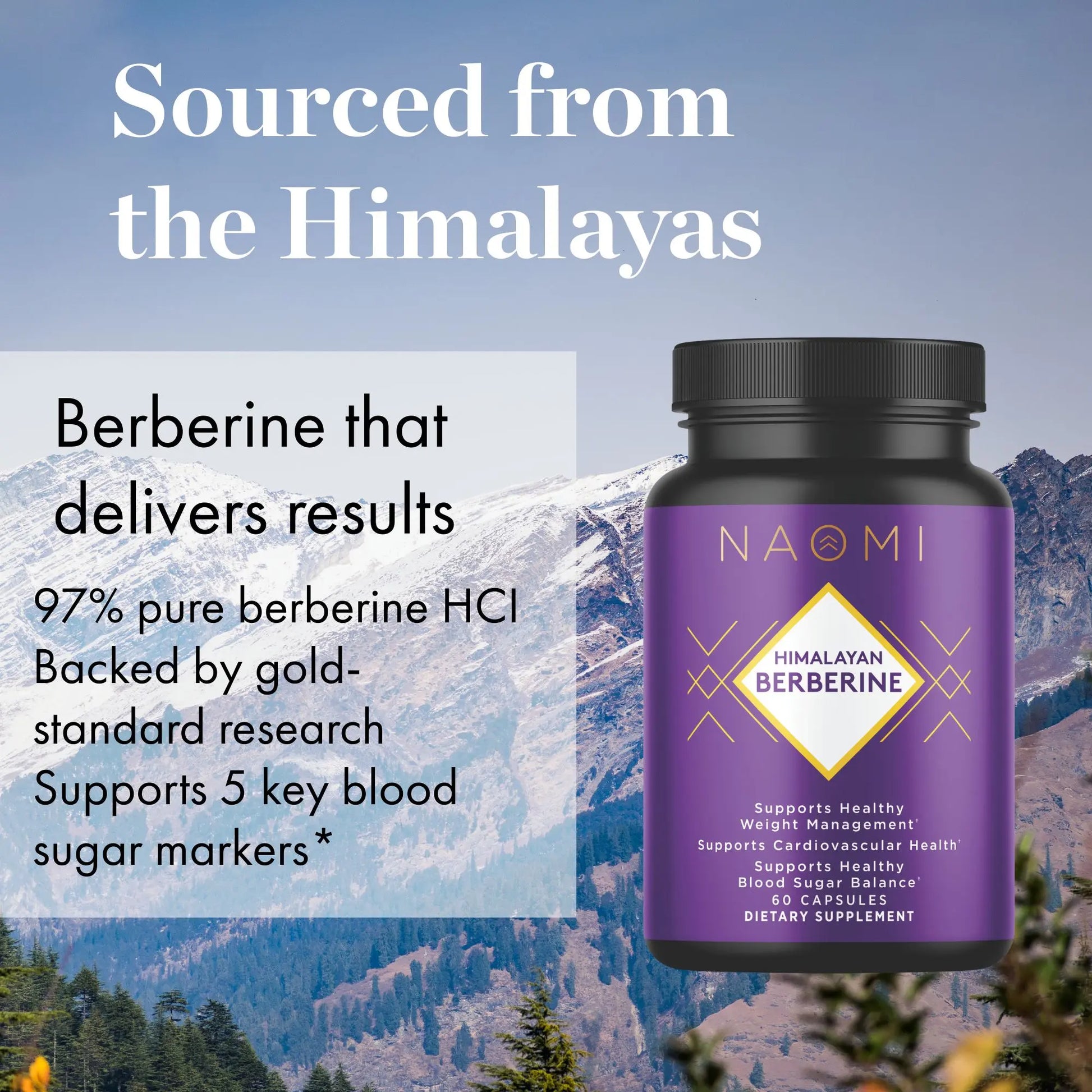 Supplement bottle with purple label against a mountainous background