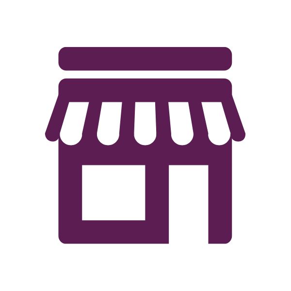 Purple icon of a store with a canopy on a white background