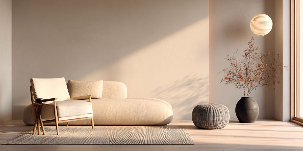 Modern living room with a beige sofa, side table, and decorative items.