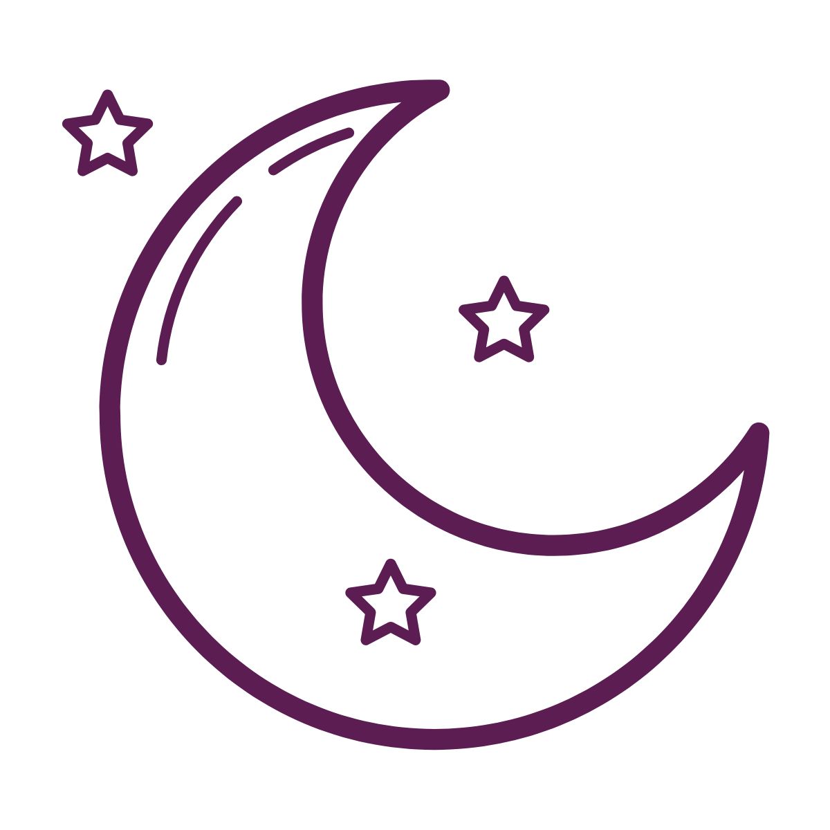 Purple crescent moon and stars icon on a white background