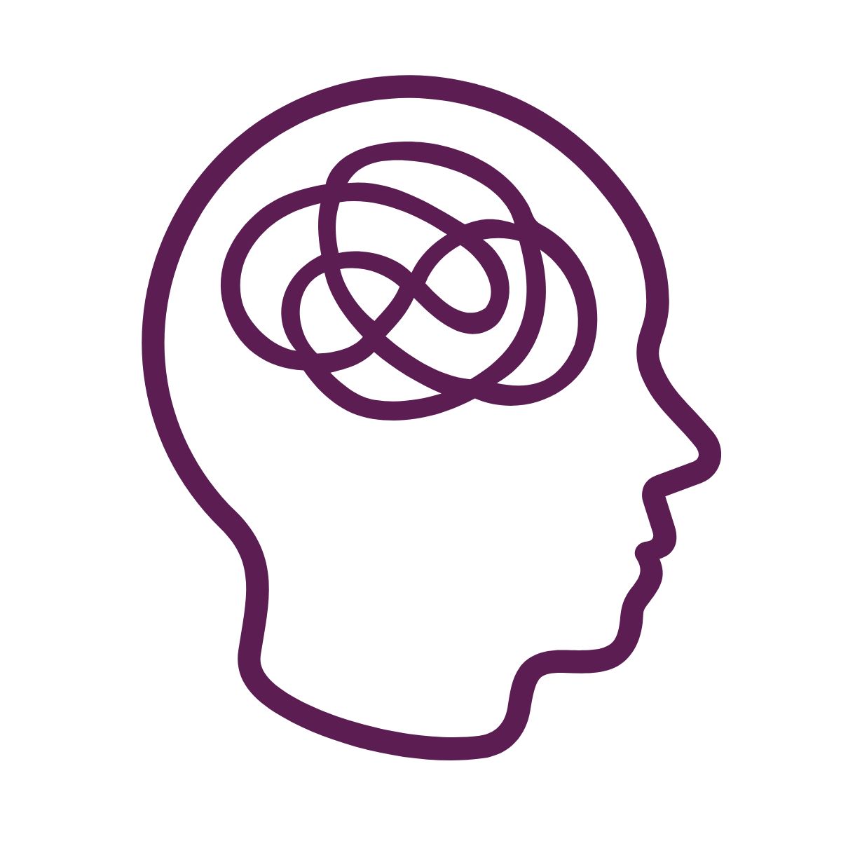 Outline of a head with intertwined circles inside, symbolizing complexity or thought processes.