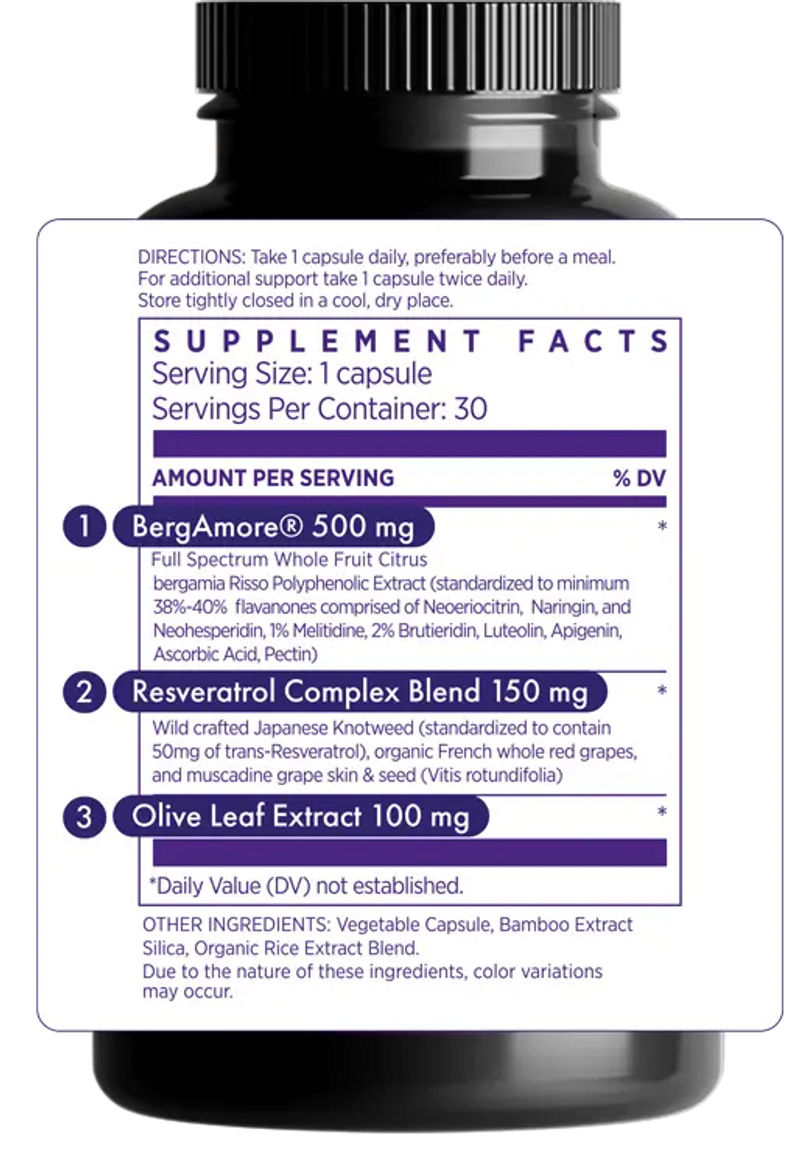 Supplement bottle with label showing BergAmore, Resveratrol Complex Blend, and Olive Leaf Extract.