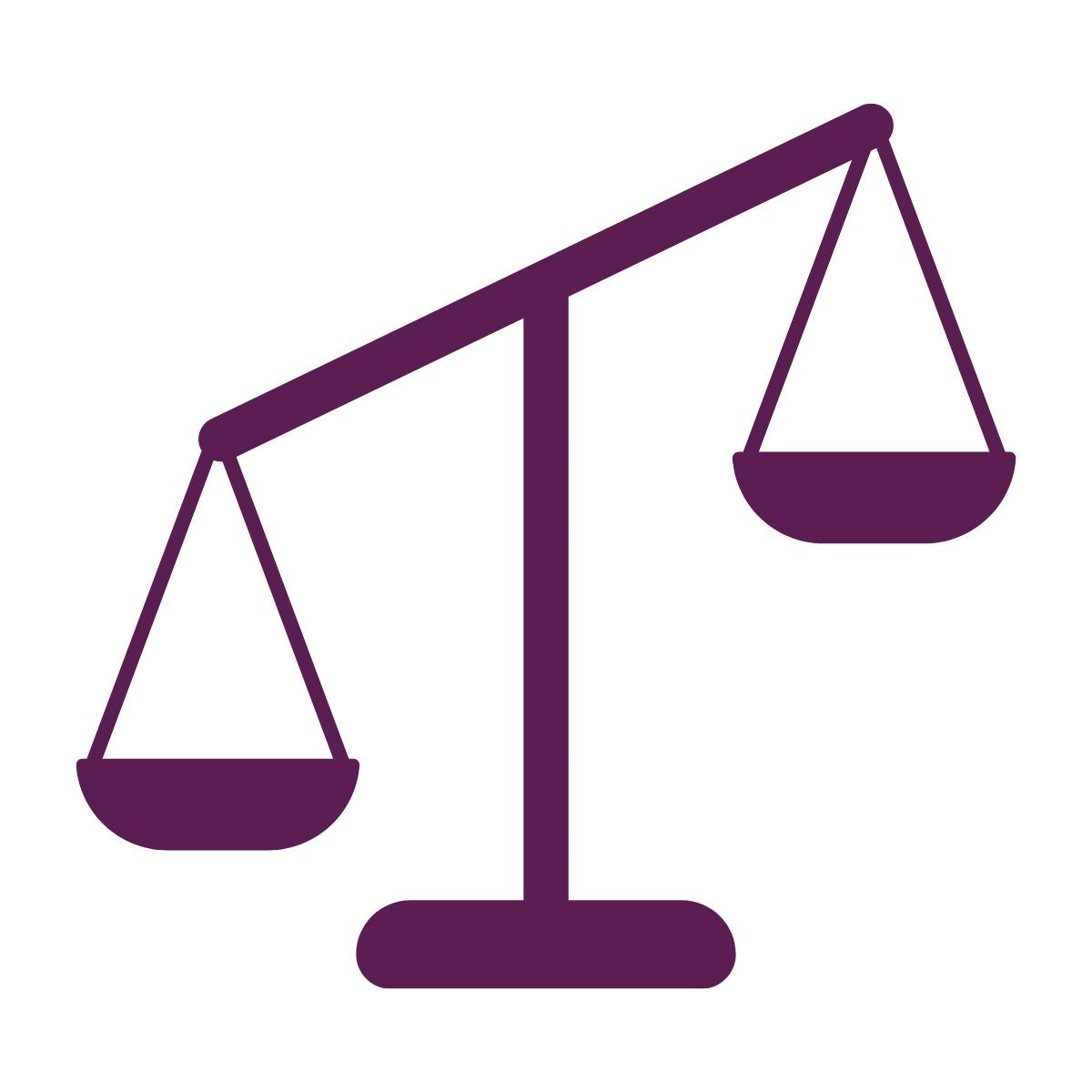 Purple icon of a balance scale on a white background