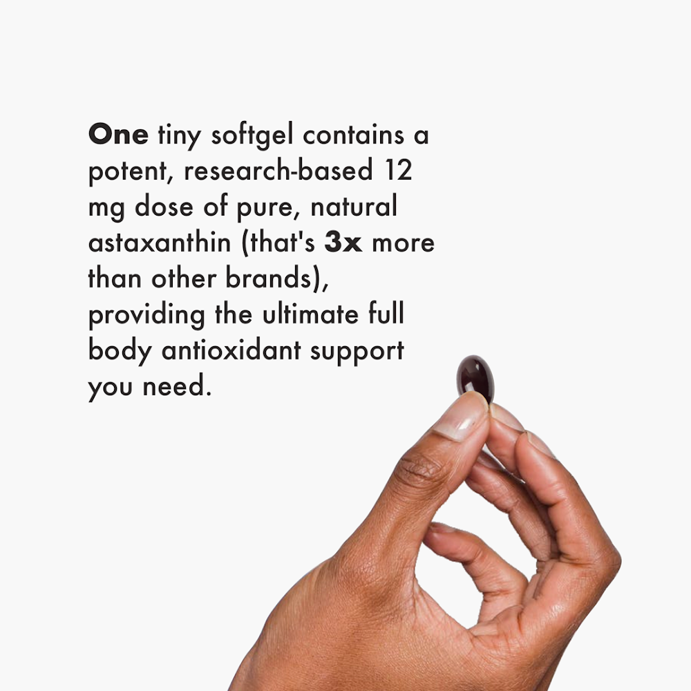 One tiny softgel contains a potent, research-based 12 mg dose of pure, natural astaxanthin (that's 3x more than other brands), providing the ultimate full body antioxidant support you need. 
